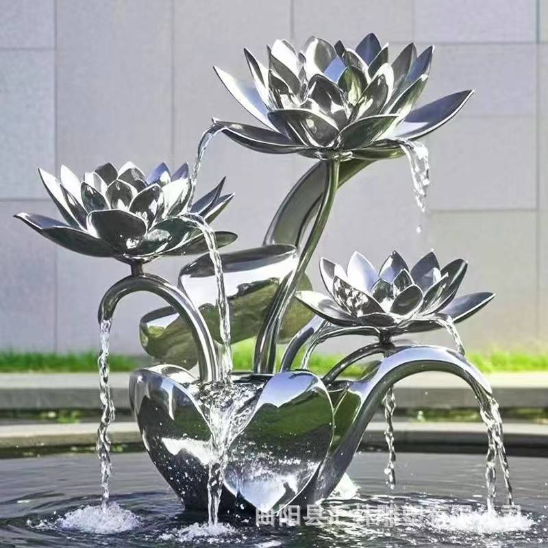 莲花创意不锈钢镜面荷花流水雕塑广场水池镂空大荷叶金属水景摆件
