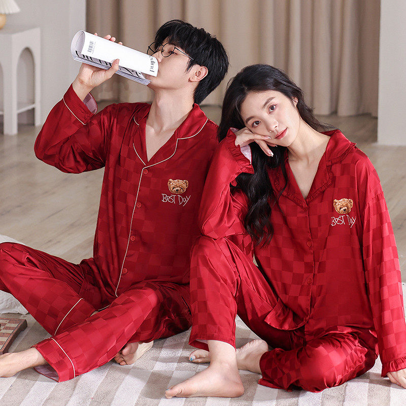 思馨坊情侣睡衣女夏季冰丝长袖结婚红色棋盘格高级感家居服春秋男,女士内衣/男士内衣/家居服,睡衣/家居服套装,淘宝优惠券,粉丝福利购,淘宝优惠卷