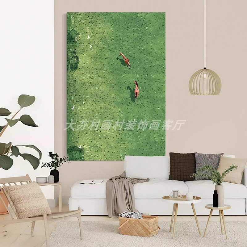 绿色大草原手绘油画客厅奔跑的骏马装饰壁画玄关抽象风景丙烯挂画图片