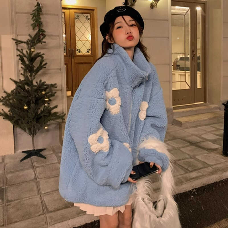 胖mm大码羊羔毛外套女秋冬款2-300斤韩版宽松加厚连帽卫衣棉服ins