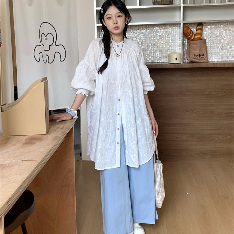 大码胖mm日系复古温柔风绣花褶皱防晒衬衫裙女叠穿阔腿休闲裤套装
