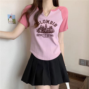 正肩t恤女夏季 新品 短袖 大码 胖MM设计感遮肉显瘦v领上 微胖复古美式