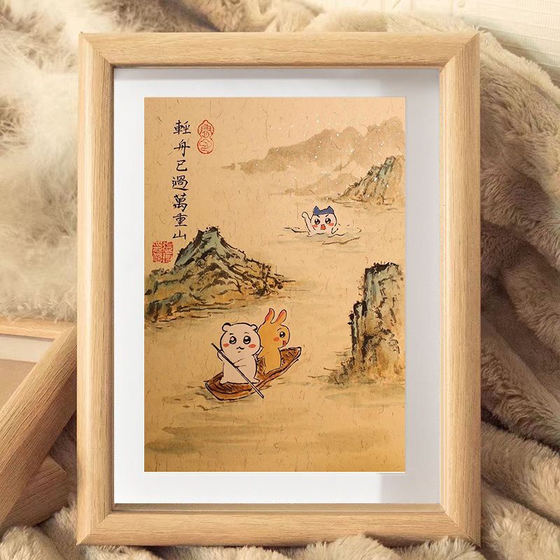 轻舟已过万重山古风绘画乌萨奇山水画油画摆台相框创意摆件装饰画