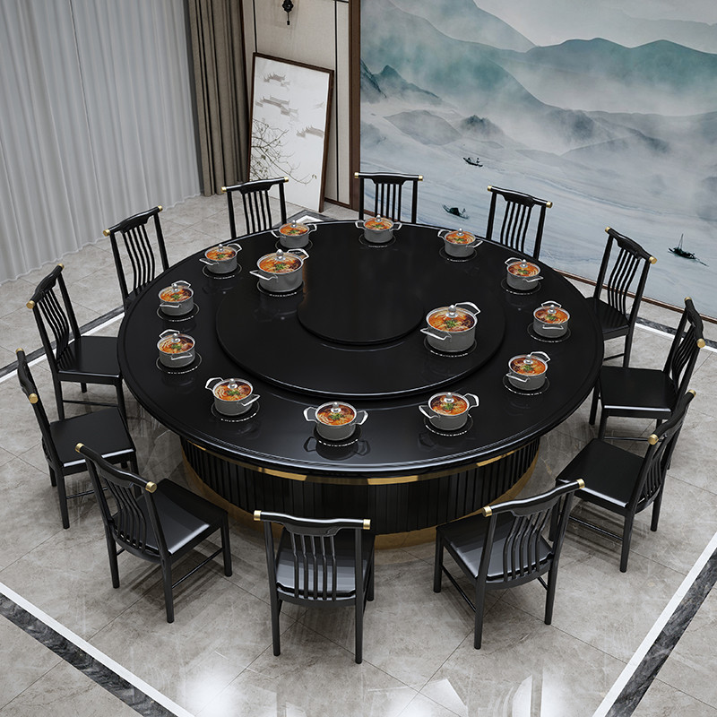 新中式电动实木酒店餐桌椅组合会所包厢带转盘大圆桌20人火锅桌子