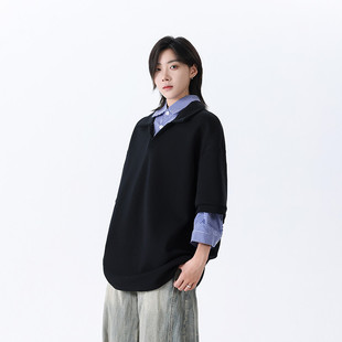 半袖 推荐 翻领情侣装 重磅韩系拼接假两件polo衫 男女学院风宽松衬衫