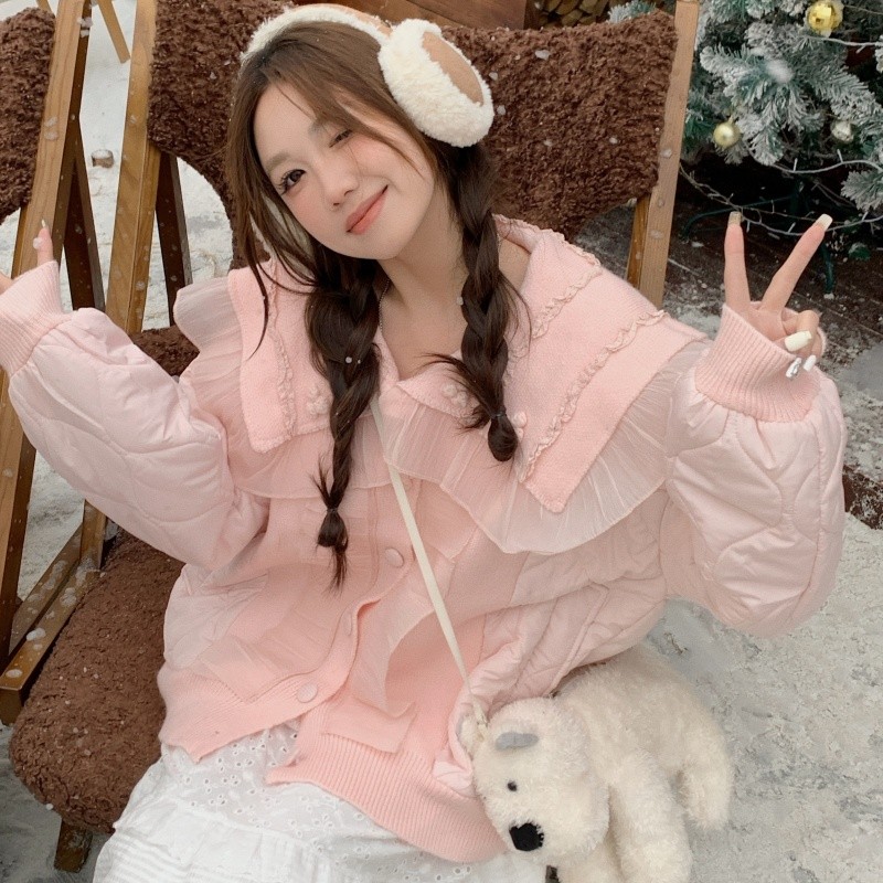 大码胖mm冬季韩系甜美减龄针织拼接娃娃领夹棉宽松加厚棉服外套女