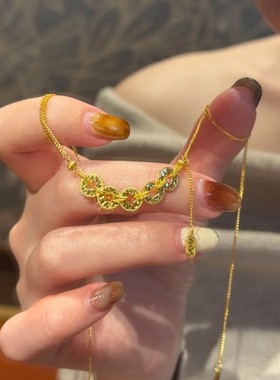 999纯银爆闪五帝钱币项链女碎冰冰铜钱盘缠钱多多锁骨链生日礼物