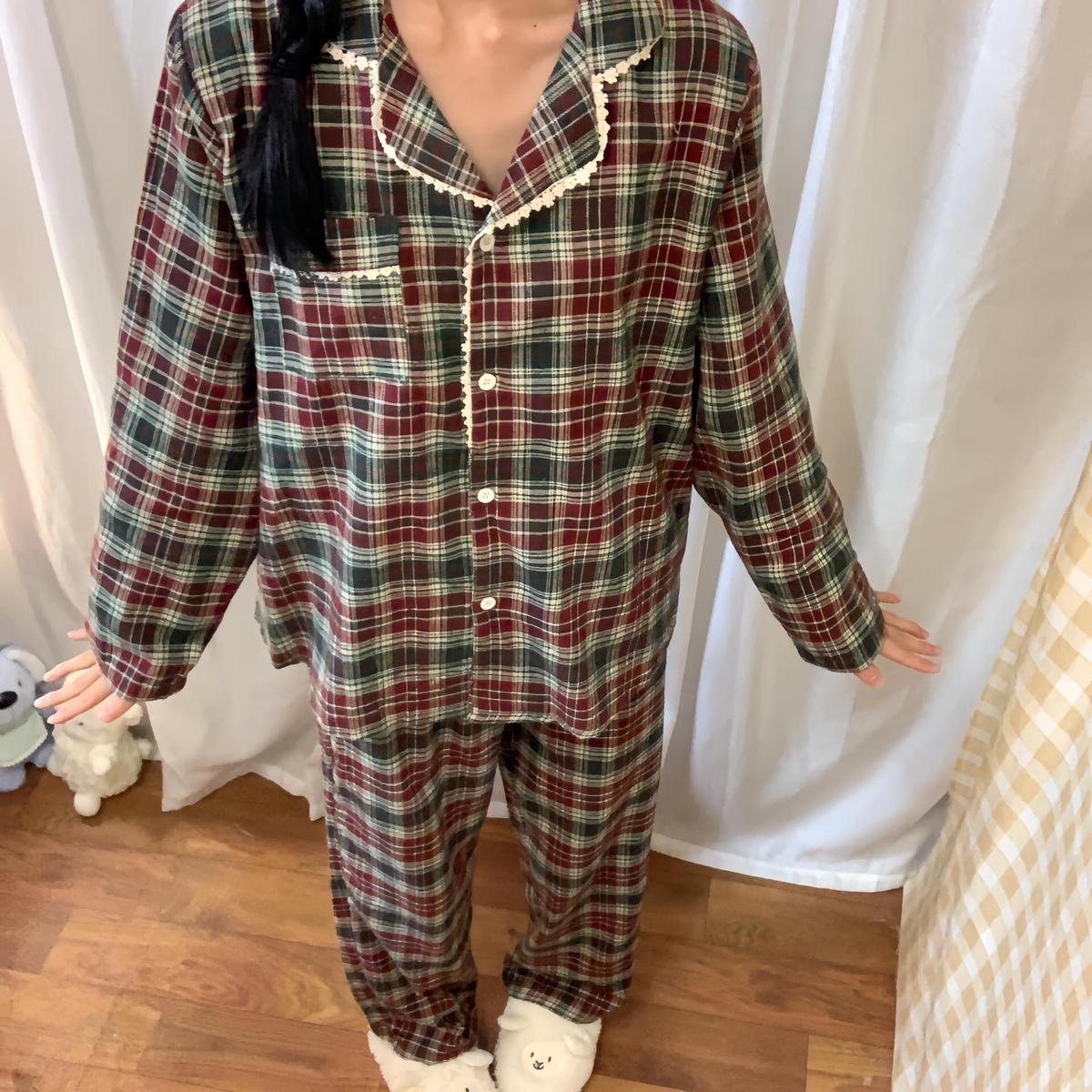 新品蕾丝花边长袖睡衣女款新款秋季纽扣翻领格子家居服两件套装可