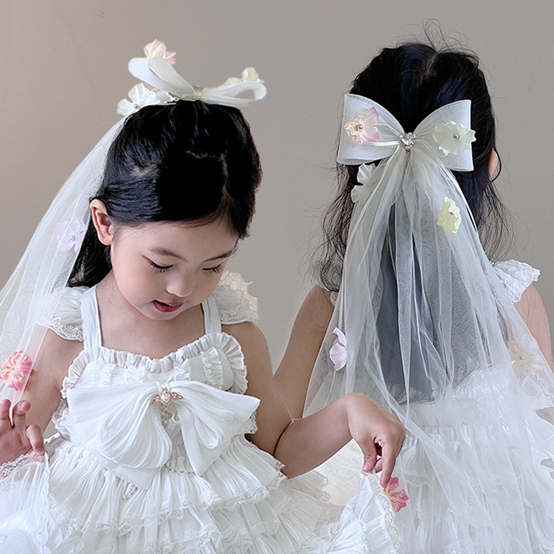 森系超仙花环头纱儿童超大头纱网纱蝴蝶结发夹花童编发花仙子头饰