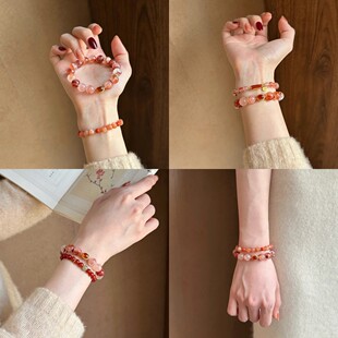 「池梦鲤」红胶花手串女本命年转运红水晶手链礼物