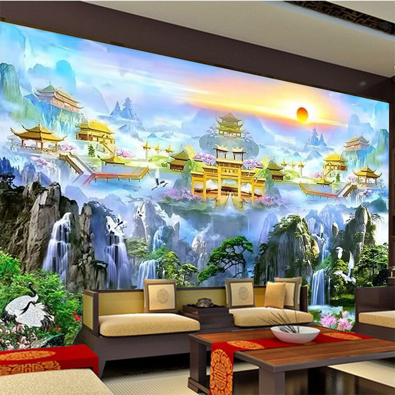 仙境天宫天庭南天门墙纸流水生财无活物壁纸佛堂供桌背景墙装饰画