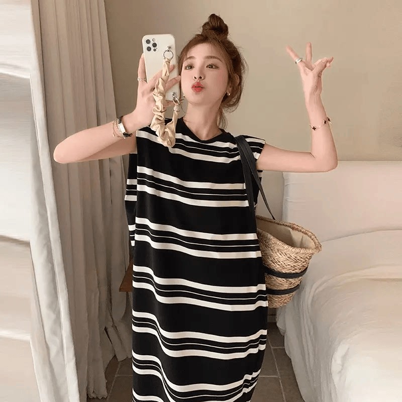 韩版宽松遮肉大码条纹连衣裙女夏季薄款慵懒风垫肩无袖T恤裙长裙