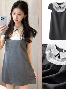 张婧仪同款灰色花边连衣裙名媛风气质千金感短袖裙子女精致优雅