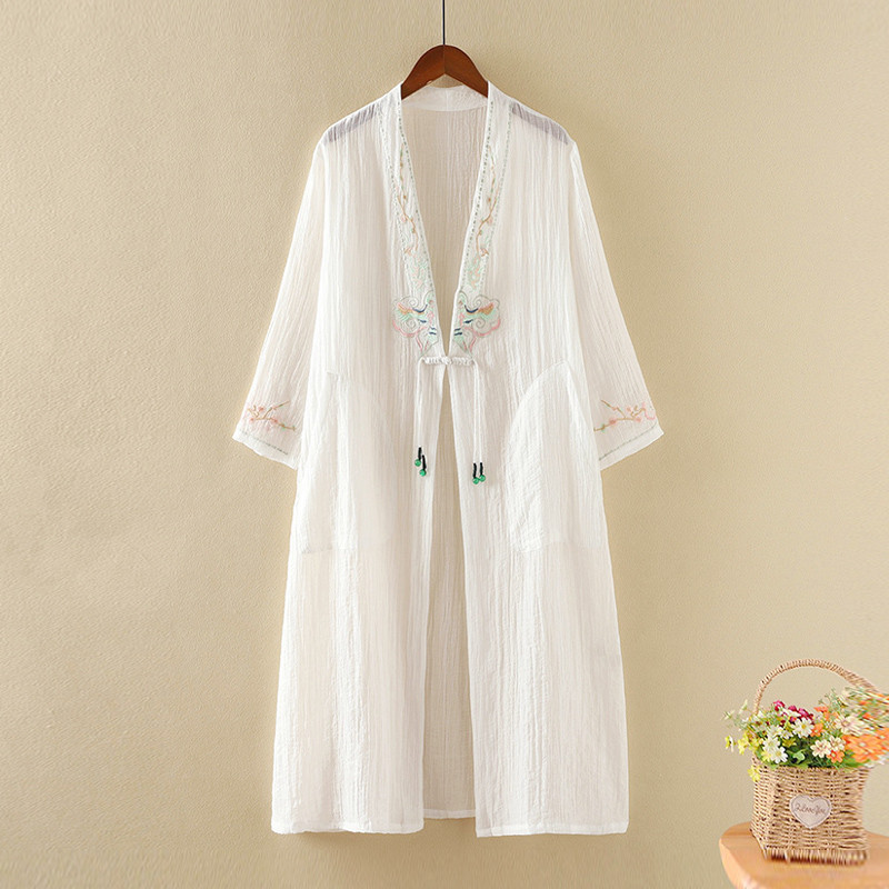 刺绣外搭开衫女中长款披肩夏季配亚麻衣薄款