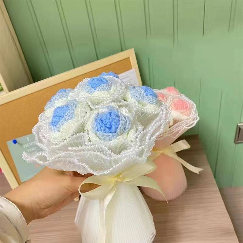 手工编织渐变玫瑰diy材料包毛线钩织成品花束送女友闺蜜爱心礼物