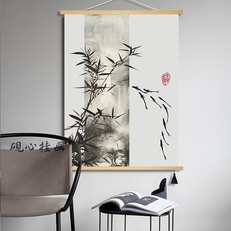 新中式装饰画进门入户玄关餐厅茶室背景壁画禅意水墨山水布艺挂画图片