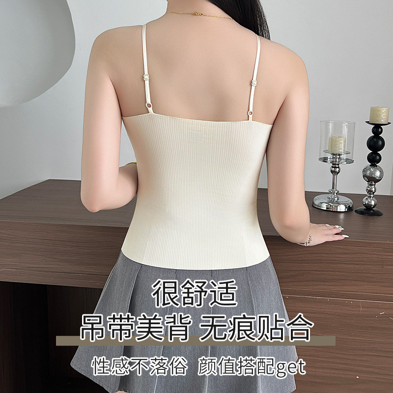 一体式纯色抹胸细吊带背心女辣妹内搭带胸垫中长款黑白色美背内衣
