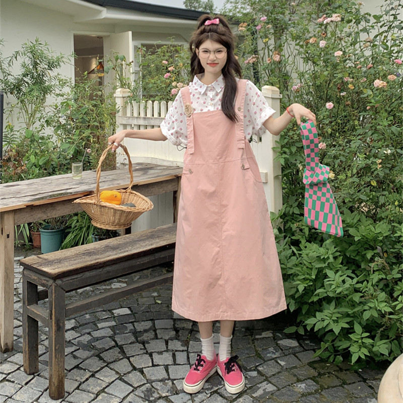 大码女装胖mm韩系甜美草莓印花衬衫女叠穿粉色背带连衣裙两件套装