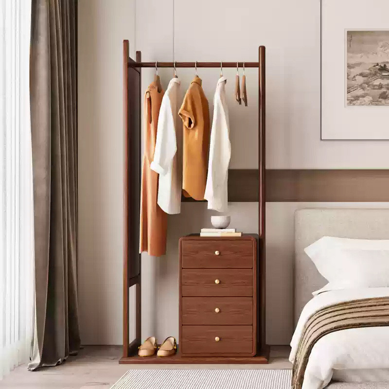 实木衣帽架带穿衣抽屉镜挂衣架落地卧室换衣客厅家用衣服架多功能