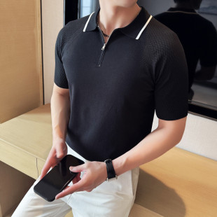 polo衫 好货英伦风半拉链短袖 男高级感商务针织T恤ins潮流百搭翻领