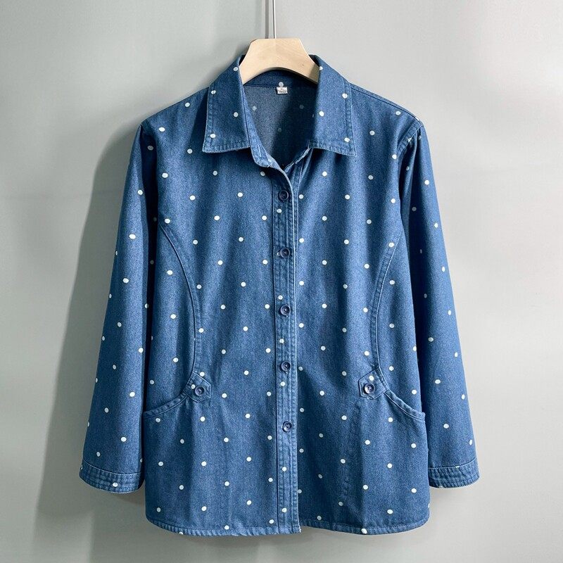 妈妈春装衬衫老太太大码长袖纯棉中老年人女牛仔衬衣薄款