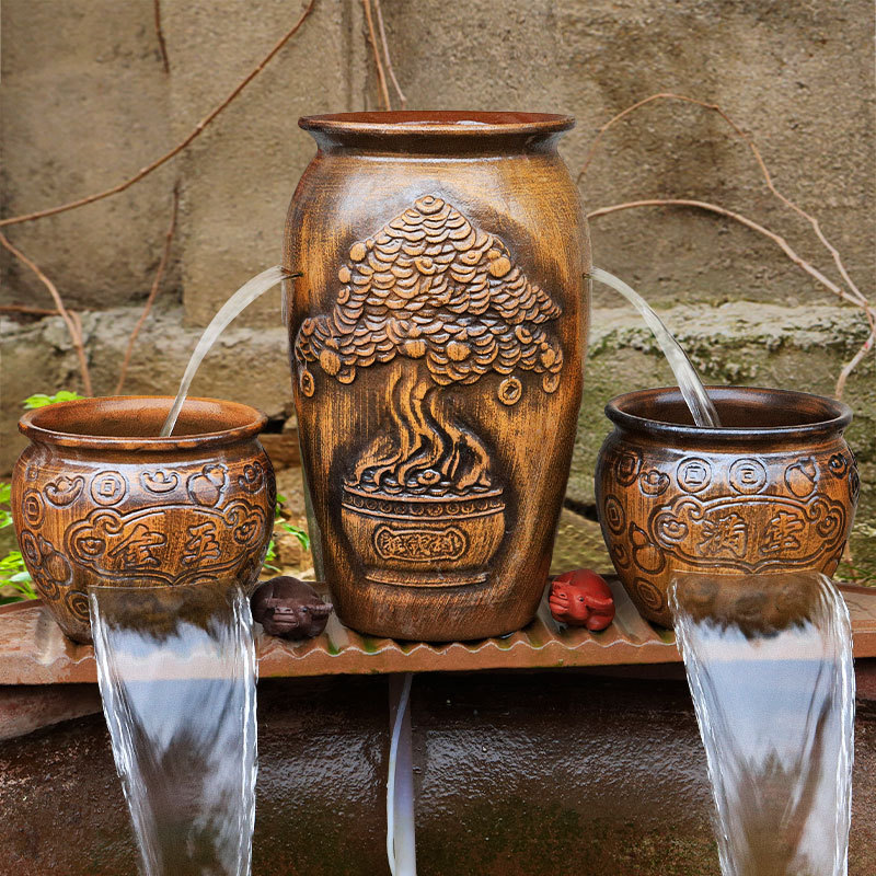 流水摆庭院景观造景件瀑布室外养鱼池生态鱼缸陶罐神器古法循环水