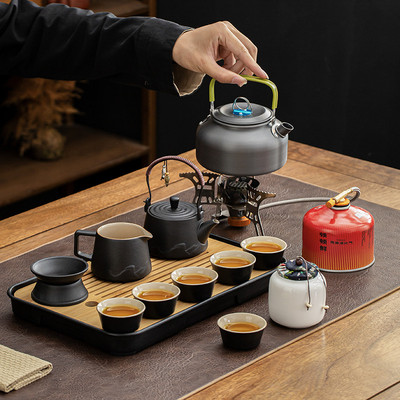 户外旅行茶具套装黑陶泡茶器便携车载露营烧水煮茶专用炉具收纳