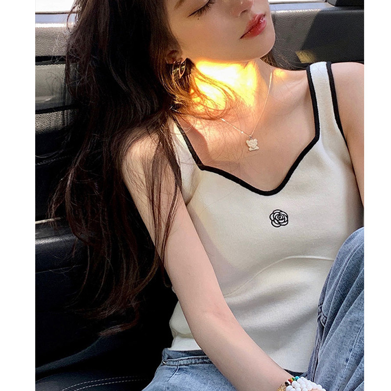新品法式小吊带背心女外穿搭别致夏季内搭打底山茶花针织短款无袖