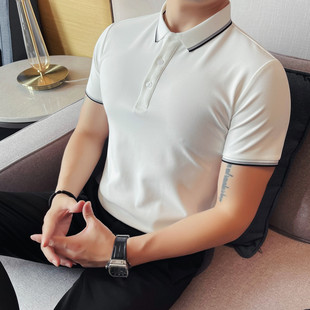 商务休闲时尚 夏季 薄款 冰丝 潮流修身 条纹撞色翻领polo衫 推荐 男短袖