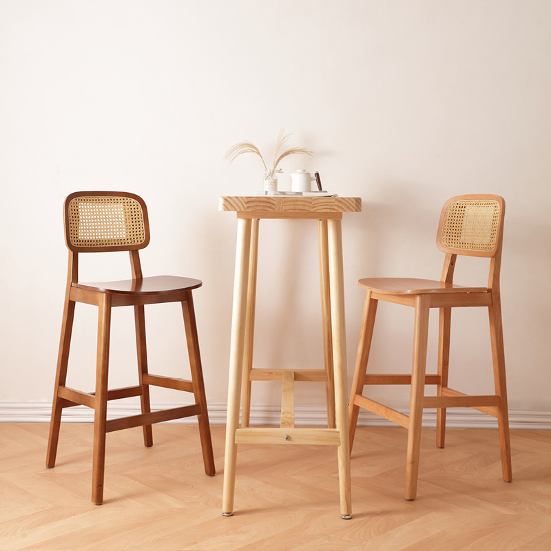 白蜡木吧台椅侘寂风高脚靠背椅咖啡厅酒吧实木岛台椅藤编餐椅用