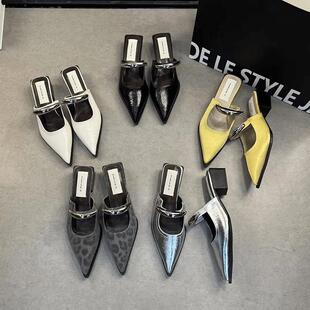 一脚蹬包头半拖鞋女单鞋粗跟尖头2025新款春夏金属扣法式凉拖鞋女