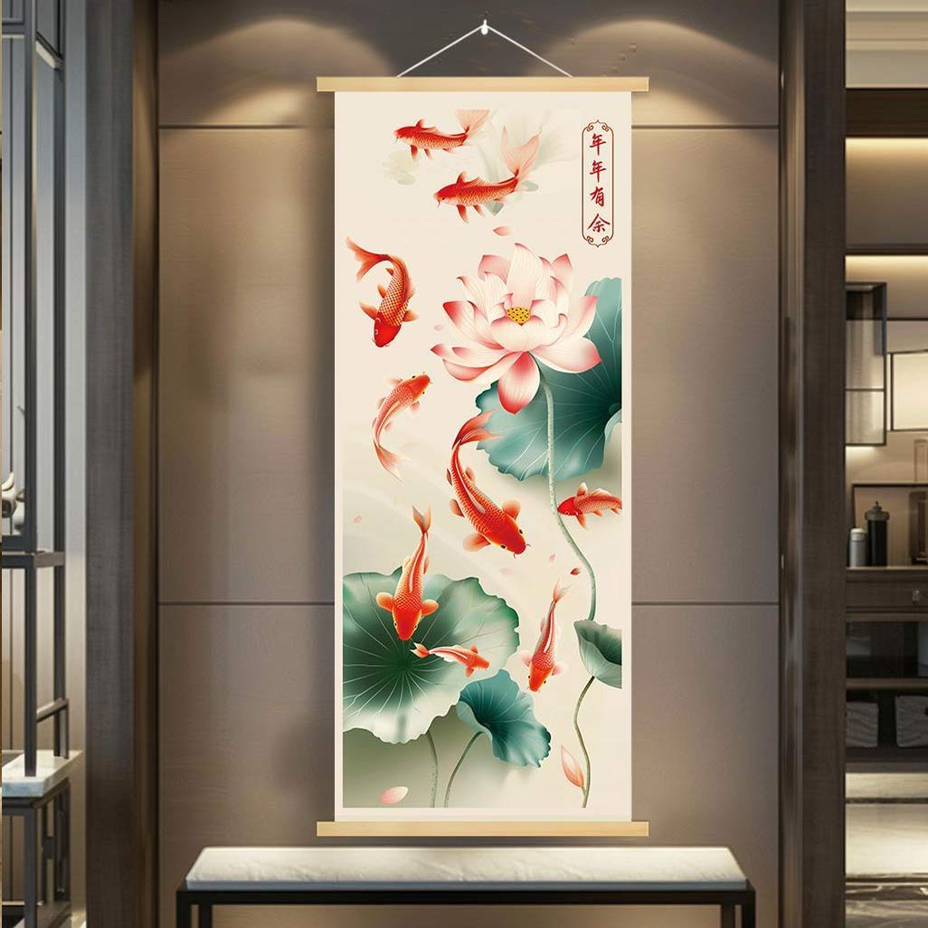 中式宋氏美学九鱼图锦鲤走廊挂画电表箱玄关招财茶室荷花装饰画图片