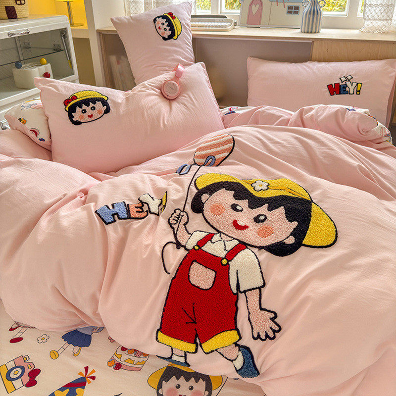 ins卡通水洗棉刺绣四件套儿童宿舍床单三件套猫kt少女心床笠被套4,床上用品,床品套件/四件套/多件套,淘宝优惠券,粉丝福利购,淘宝优惠卷