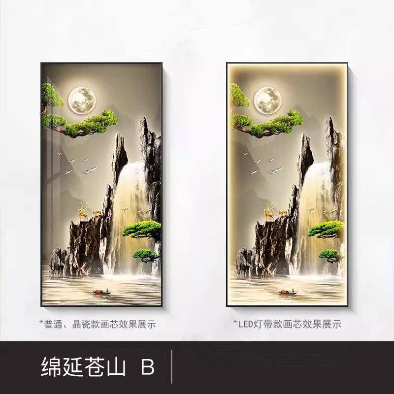 led玄关装饰画流水生财带灯山水画书房挂画入户客厅走廊过道壁画