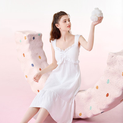 纯棉睡裙夏季带胸垫一体睡衣裙女士纱布棉纱2025新款布料100全棉