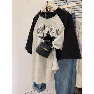 宽松港风短袖 新品 T恤女oversize大码 夏季 ins潮复古撞色 纯棉插肩袖