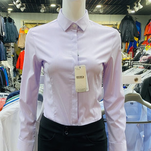 紫色竖条纹衬衫 高货女士长袖 免烫竹纤维防走光弹力面试上班职业工