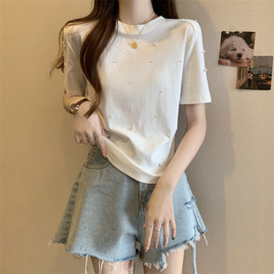 新品粉色钉珠正肩短袖T恤女夏季大码胖mm今年流行漂亮小衫不规则