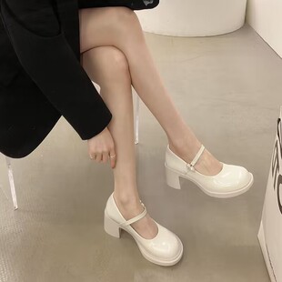 高跟鞋 厂家大码 女粗跟百搭时尚 女鞋 女 肥脚加宽41一43玛丽珍小皮鞋