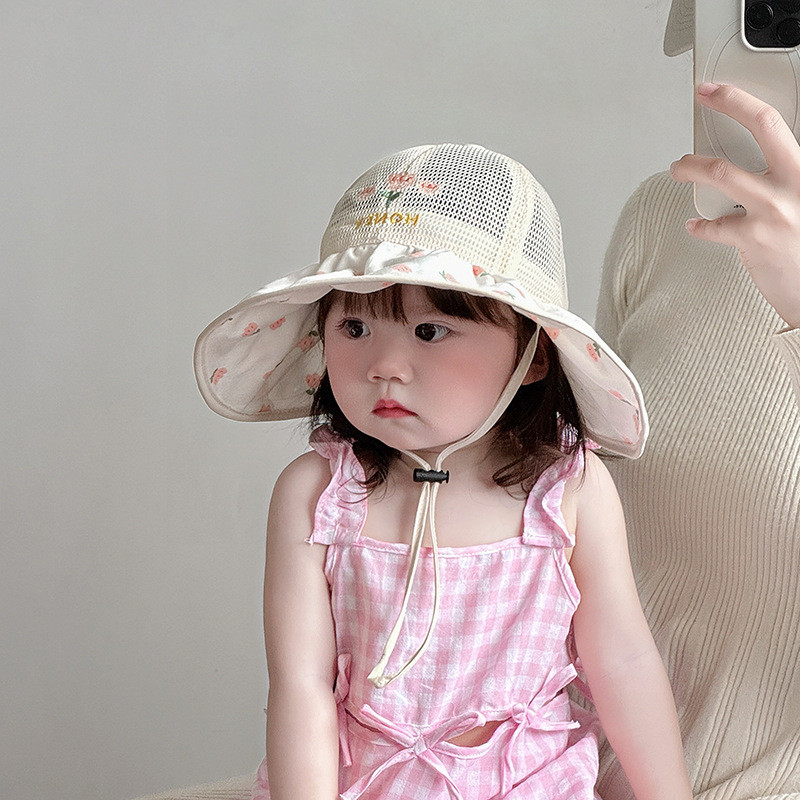 儿童帽子夏季薄款透气网眼大帽檐遮阳防晒帽女宝宝甜美花朵渔夫帽