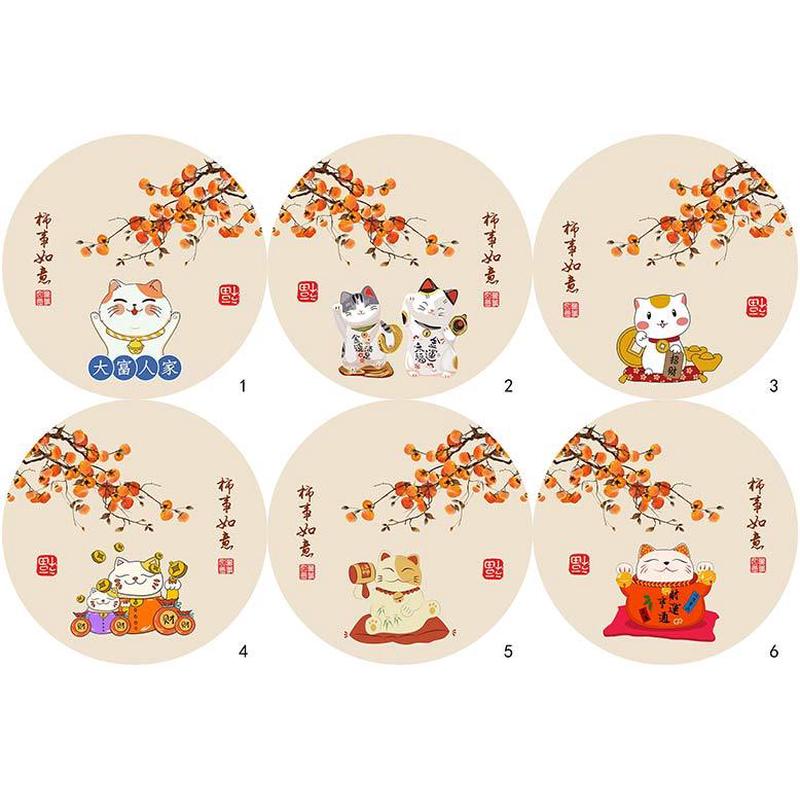 自粘圆形事事如意招财猫装饰画新中式客厅沙发背景墙挂画替换画芯图片