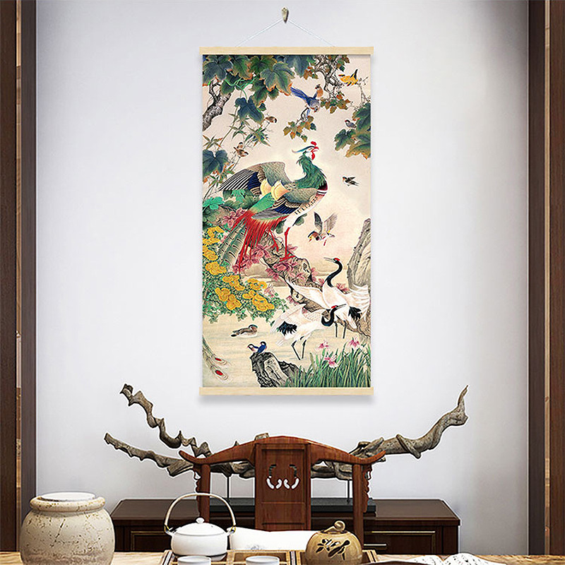 百鸟朝凤玄关画布艺挂画遮挡电表箱装饰画凤凰图壁画客厅过道墙画图片