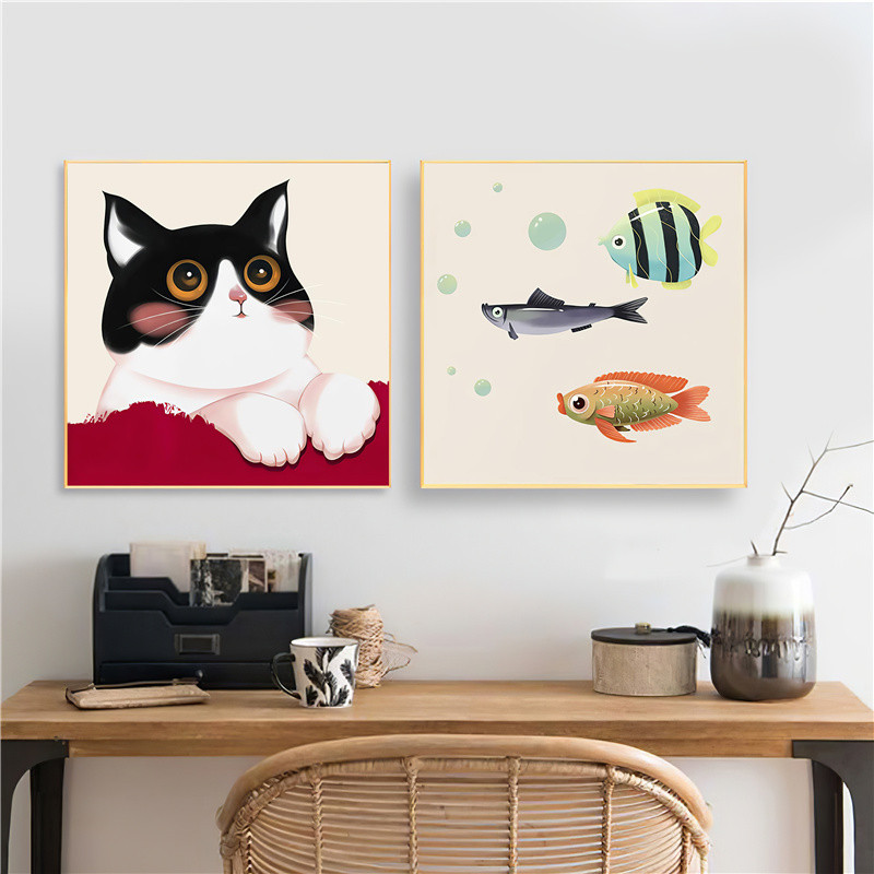 现代简约创意卡通动物猫咪小鱼装饰画芯客厅餐厅儿童房挂画自粘画图片