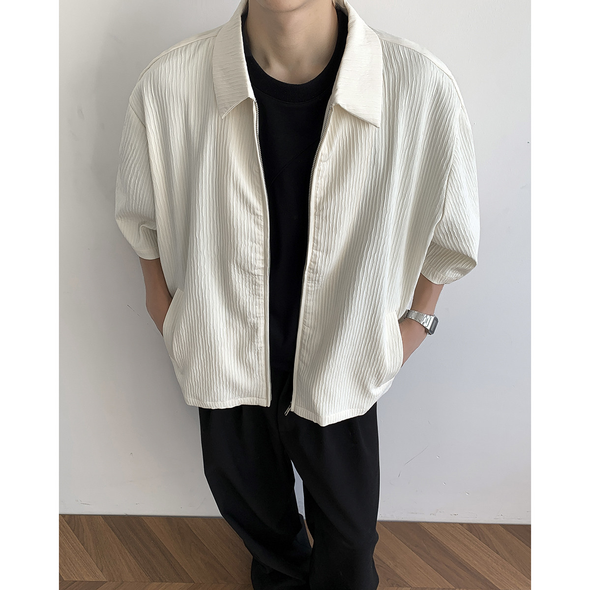 现货褶皱肌理感短袖衬衫男2025夏季新款高级感痞帅潮流宽松半袖衬