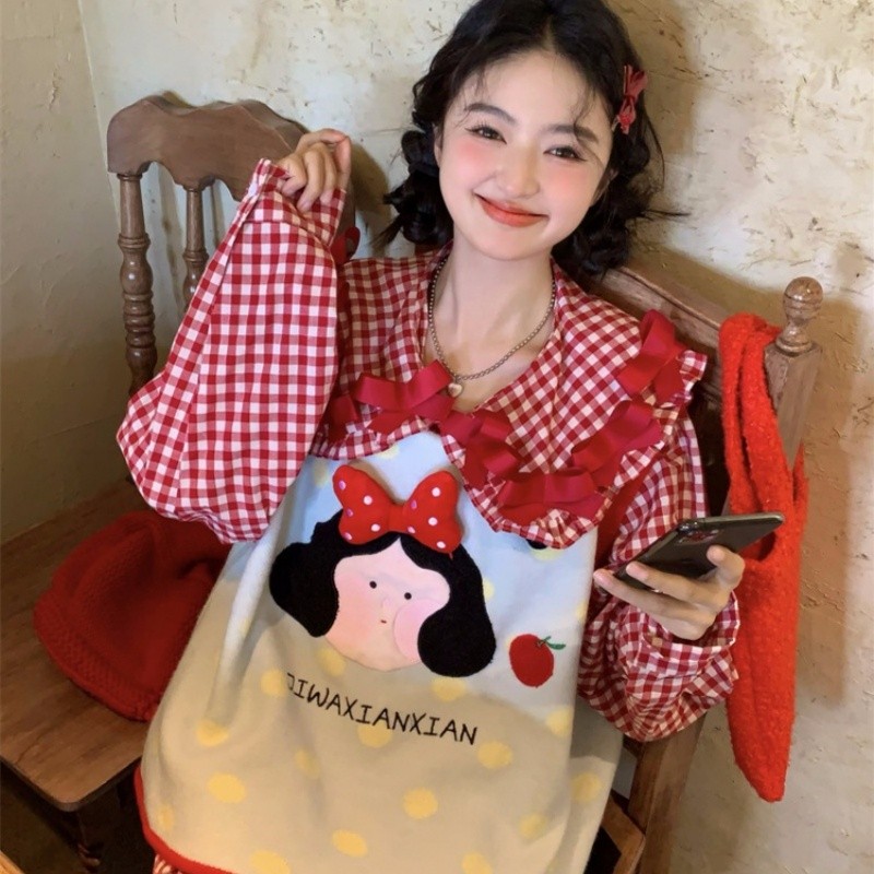 大码女装胖mm韩系甜美套装女刺绣蝴蝶结格子衬衫针织马甲两件套潮