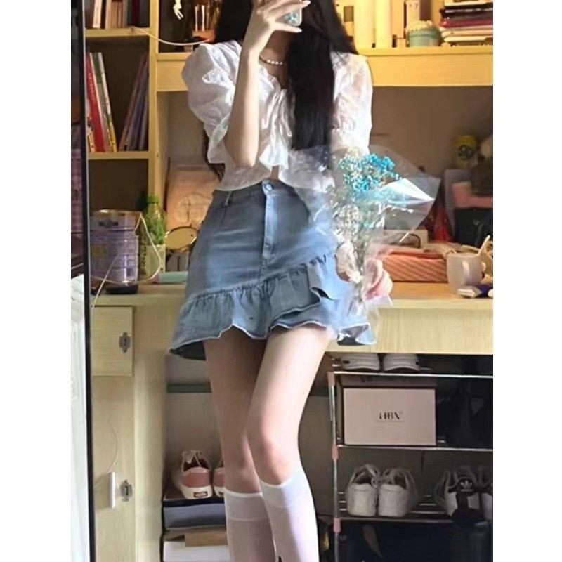 大码胖妹妹荷叶边春夏牛仔女2025鱼尾裙显瘦a字包臀裙,女装/女士精品,半身裙,淘宝优惠券,粉丝福利购,淘宝优惠卷