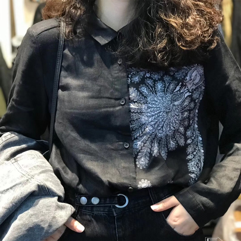 2024秋季时尚个性印花拼接百搭文艺女士长袖衬衫