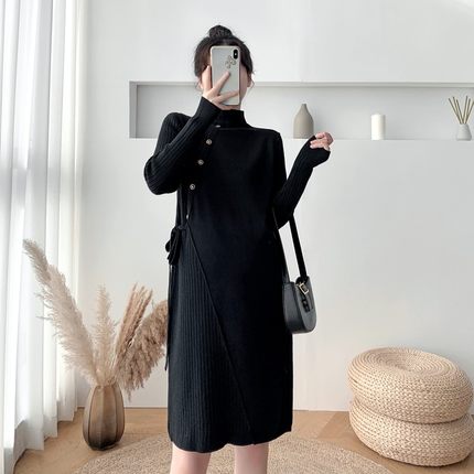 孕妇春装韩版设计感时尚打底小个子宽松遮肚外穿中长款针织连衣裙