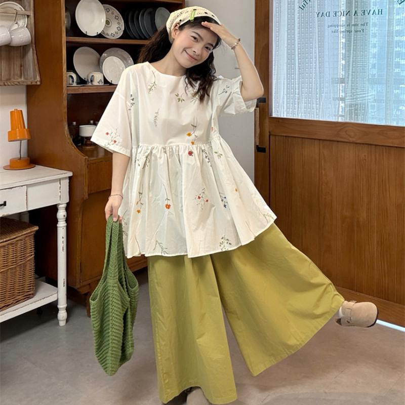 大码女装胖mm韩系复古绣花拼接短袖衬衫女叠穿绿色阔腿裤两件套装