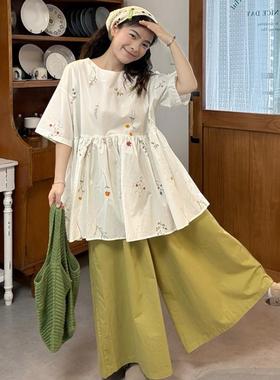 大码女装胖mm韩系复古绣花拼接短袖衬衫女叠穿绿色阔腿裤两件套装